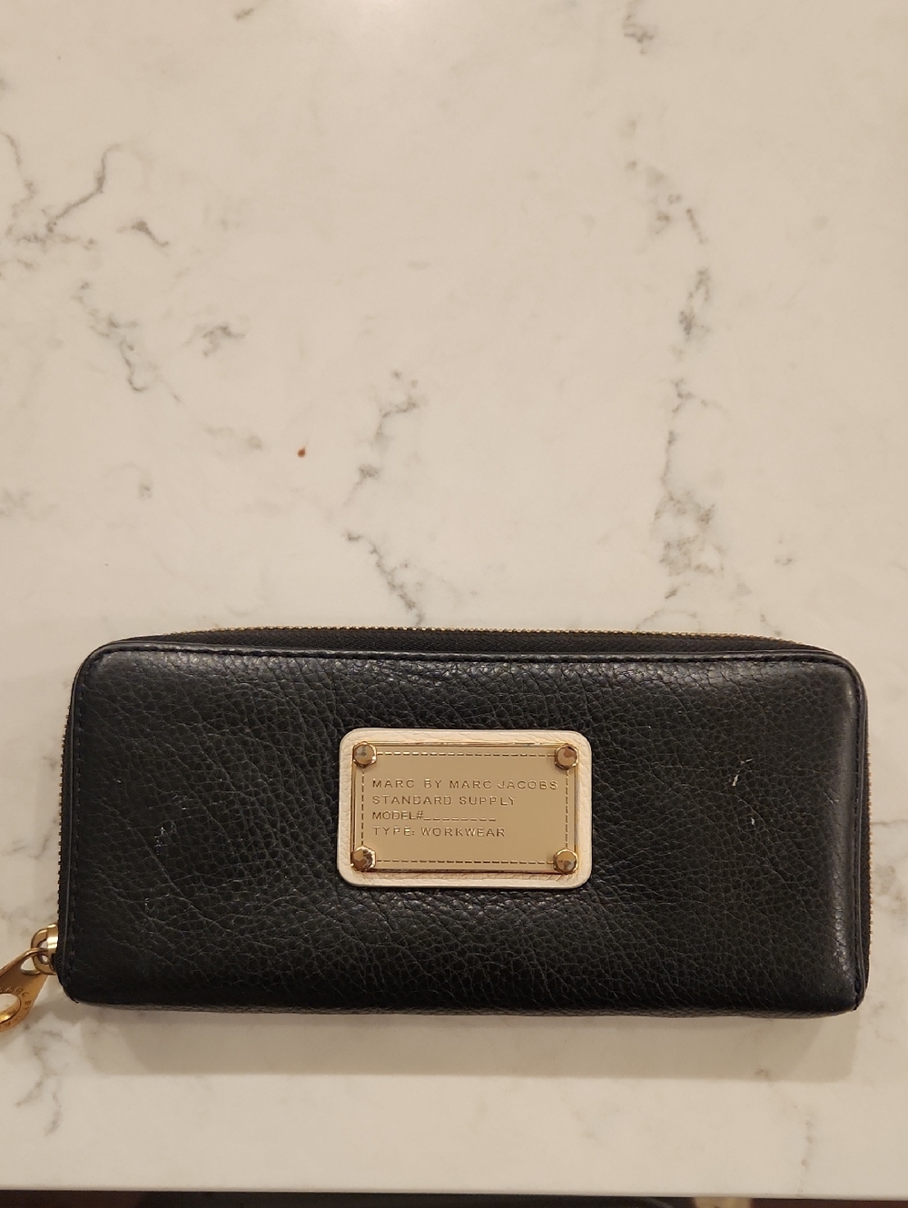 Marc By Marc Jacobs Black Leather Zip-Around Wallet with Gold Plate